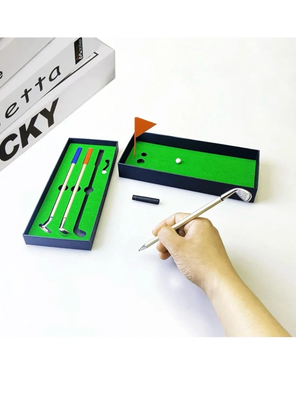 Mini Golf Desk Pen Set - Silver Club Pens with Green Putting Tray